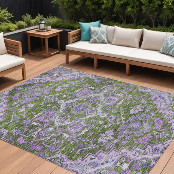 10' X 14' Olive Green And Purple Oriental Washable Indoor Outdoor Area Rug