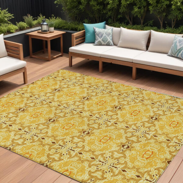 10' X 14' Orange Copper And Gold Medallion Washable Indoor Outdoor Area Rug