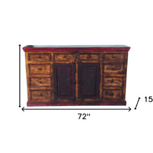 72" Brown Solid Wood Ten Drawer Buffet Table with Two Doors