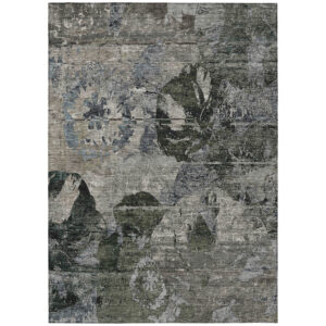 10' X 14' Gray Dark Green and Black Floral Washable Non Skid Indoor Outdoor Area Rug