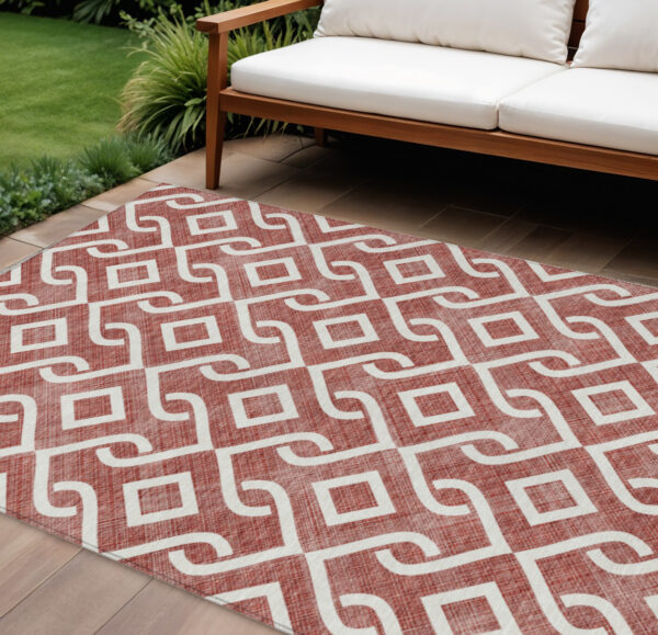 9' X 12' Burgundy And Ivory Geometric Washable Indoor Outdoor Area Rug