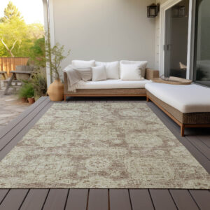 8' X 10' Brown Tan And Beige Floral Washable Indoor Outdoor Area Rug
