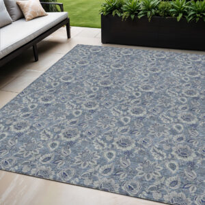 5' X 8' Denim Blue And Navy Blue Floral Washable Indoor Outdoor Area Rug