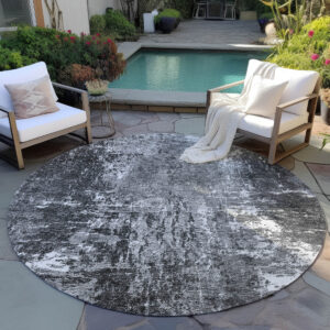 8' Gray Charcoal And Silver Round Abstract Washable Indoor Outdoor Area Rug