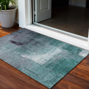 3' X 5' Teal Blue Aqua And Ivory Abstract Washable Indoor Outdoor Area Rug