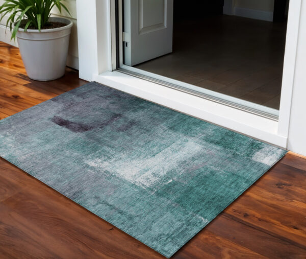 3' X 5' Teal Blue Aqua And Ivory Abstract Washable Indoor Outdoor Area Rug
