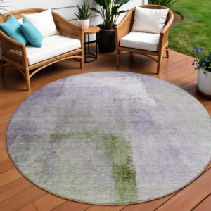 8' Purple Lavender And Green Round Abstract Washable Indoor Outdoor Area Rug
