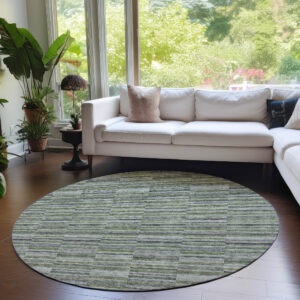 8' Olive Green And Gray Round Striped Washable Indoor Outdoor Area Rug