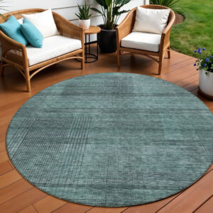 8' Teal Blue Aqua And Gray Round Striped Washable Indoor Outdoor Area Rug