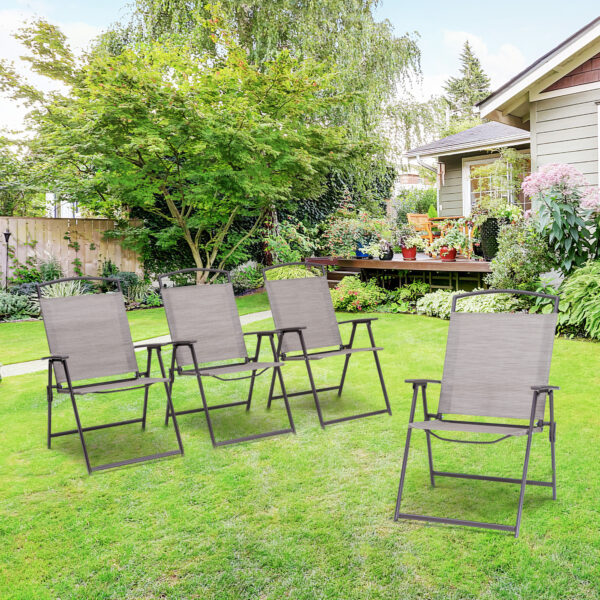 Set of Four 35" Brown Steel Sling Outdoor Folding Arm Chairs