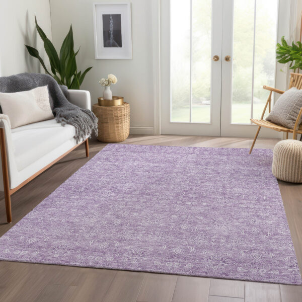 9' X 12' Lavender Lilac And Ivory Floral Washable Indoor Outdoor Area Rug