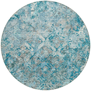 8' Teal Blue Gray And Charcoal Round Geometric Washable Indoor Outdoor Area Rug