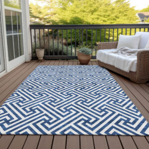 9' X 12' Blue And Ivory Geometric Washable Indoor Outdoor Area Rug