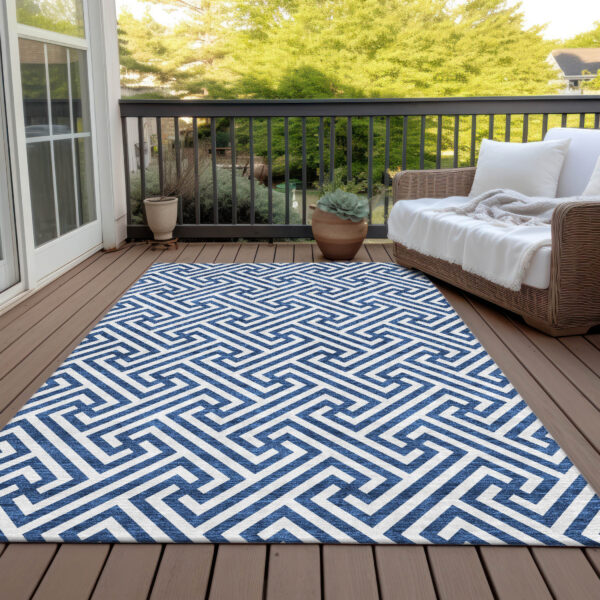9' X 12' Blue And Ivory Geometric Washable Indoor Outdoor Area Rug