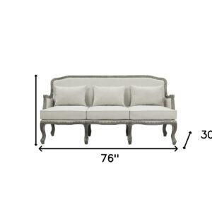 76" Cream Linen And Brown Sofa