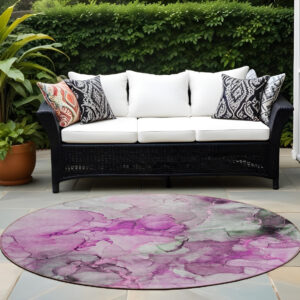 8' Round Gray and Purple Round Abstract Washable Non Skid Indoor Outdoor Area Rug