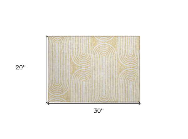 2' X 3' Gold and White Abstract Washable Non Skid Indoor Outdoor Area Rug