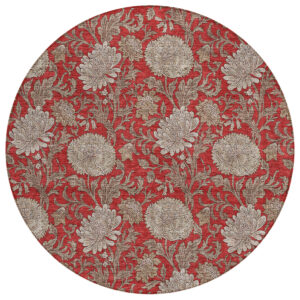 8' Red Taupe And Beige Round Floral Washable Indoor Outdoor Area Rug