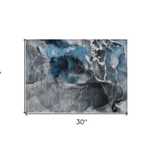 2' X 3' Ivory Blue and Gray Abstract Washable Non Skid Indoor Outdoor Area Rug