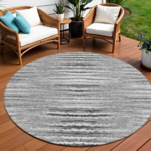 8' Silver Gray And Charcoal Round Striped Washable Indoor Outdoor Area Rug