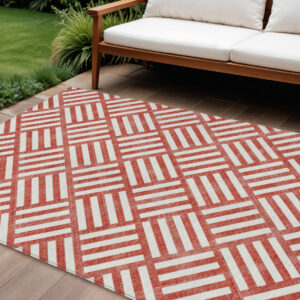 10' X 14' Red And Ivory Geometric Washable Indoor Outdoor Area Rug