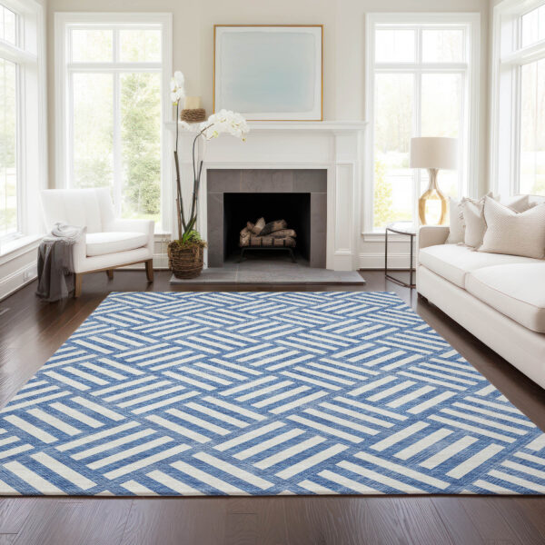10' X 14' Blue And Ivory Geometric Washable Indoor Outdoor Area Rug