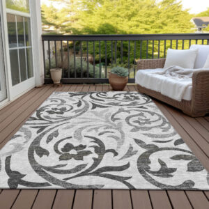 5' X 8' Gray Charcoal And Silver Floral Washable Indoor Outdoor Area Rug