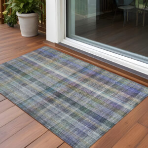 3' X 5' Blue Gray and Green Plaid Washable Non Skid Indoor Outdoor Area Rug
