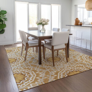 10' X 14' Gold Gray And Ivory Floral Medallion Washable Indoor Outdoor Area Rug