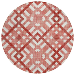 8' Red And Ivory Round Geometric Washable Indoor Outdoor Area Rug