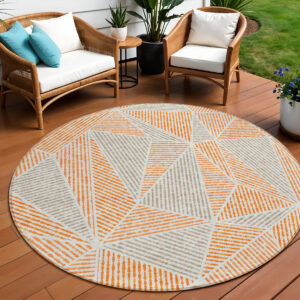 8' Orange Gray And Silver Round Geometric Washable Indoor Outdoor Area Rug