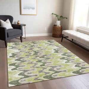 8' X 10' Artichoke Green Green And Ivory Abstract Washable Indoor Outdoor Area Rug