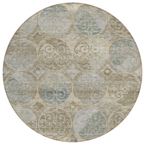 8' Beige Taupe And Blue Round Trellis Washable Indoor Outdoor Area Rug