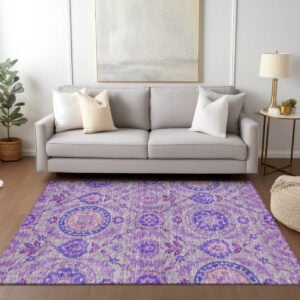 9' X 12' Lavender Lilac And Gray Floral Washable Indoor Outdoor Area Rug