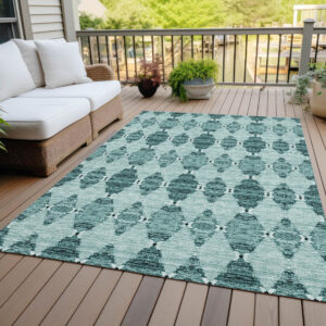 9' X 12' Teal Blue Aqua And Charcoal Moroccan Washable Indoor Outdoor Area Rug
