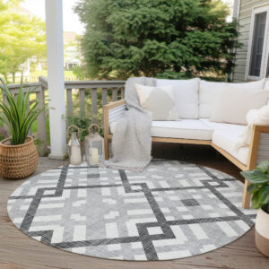 8' Gray Charcoal And Ivory Round Geometric Washable Indoor Outdoor Area Rug