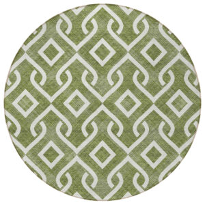 8' Olive Green And Ivory Round Geometric Washable Indoor Outdoor Area Rug