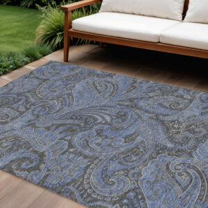 9' X 12' Charcoal Gray And Blue Paisley Washable Indoor Outdoor Area Rug
