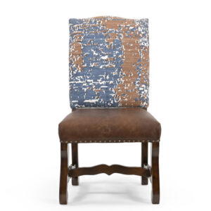 Set of Two Blue And Brown Solid Wood Upholstered Chenille And Leather Dining Side Chairs