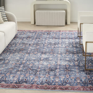5' x 7' Blue and Red Oriental Power Loom Distressed Washable Non Skid Area Rug