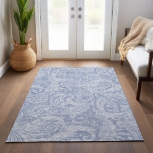 8' X 10' Denim Blue Sky Blue And Ivory Paisley Washable Indoor Outdoor Area Rug