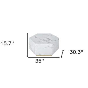 35" White And Gold Faux Marble Hexagon Drum Coffee Table