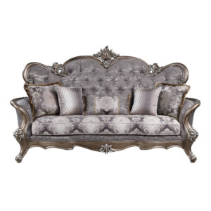 90" Fabric And Bronze Cotton Blend Damask Sofa And Toss Pillows
