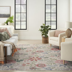 8' x 10' Ivory Green and Red Floral Power Loom Washable Non Skid Area Rug
