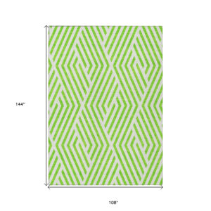 9' X 12' Lime Green and White Geometric Washable Non Skid Indoor Outdoor Area Rug