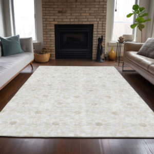 8' X 10' Ivory Beige And Taupe Floral Medallion Washable Indoor Outdoor Area Rug