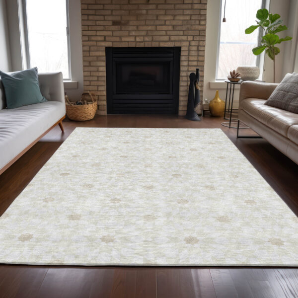 8' X 10' Ivory Beige And Taupe Floral Medallion Washable Indoor Outdoor Area Rug