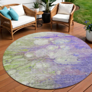 8' Purple Lilac And Artichoke Green Round Abstract Washable Indoor Outdoor Area Rug