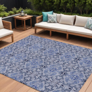 8' X 10' Navy Blue And Sky Blue Medallion Washable Indoor Outdoor Area Rug