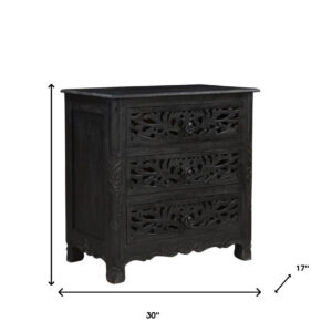 30" Distressed Black Three Drawer Floral Carved Solid Wood Nightstand